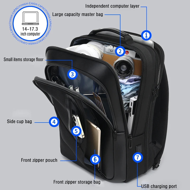 New style black waterproof backpack business backpack with USB charging port