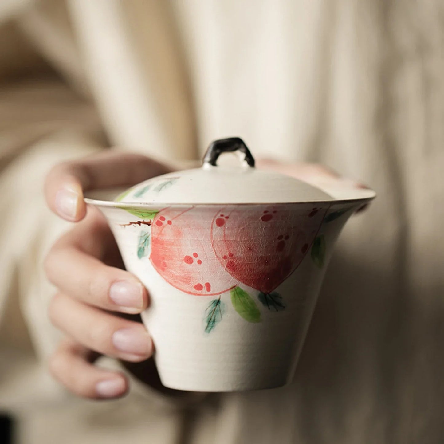 New150ml Fresh and Refined Tea Tureen Hand Painted Pink Peach Gaiwan Teacup Covered Bowl Tea Maker Household Kung Fu Teaset