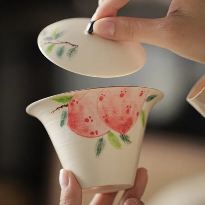 New150ml Fresh and Refined Tea Tureen Hand Painted Pink Peach Gaiwan Teacup Covered Bowl Tea Maker Household Kung Fu Teaset