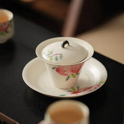 New150ml Fresh and Refined Tea Tureen Hand Painted Pink Peach Gaiwan Teacup Covered Bowl Tea Maker Household Kung Fu Teaset