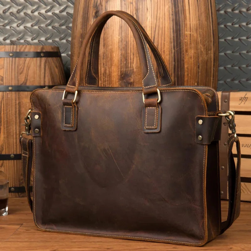 Newsbirds 100% leather 15 6 inches retro style briefcase hand for men male business laptop weekender tote bag