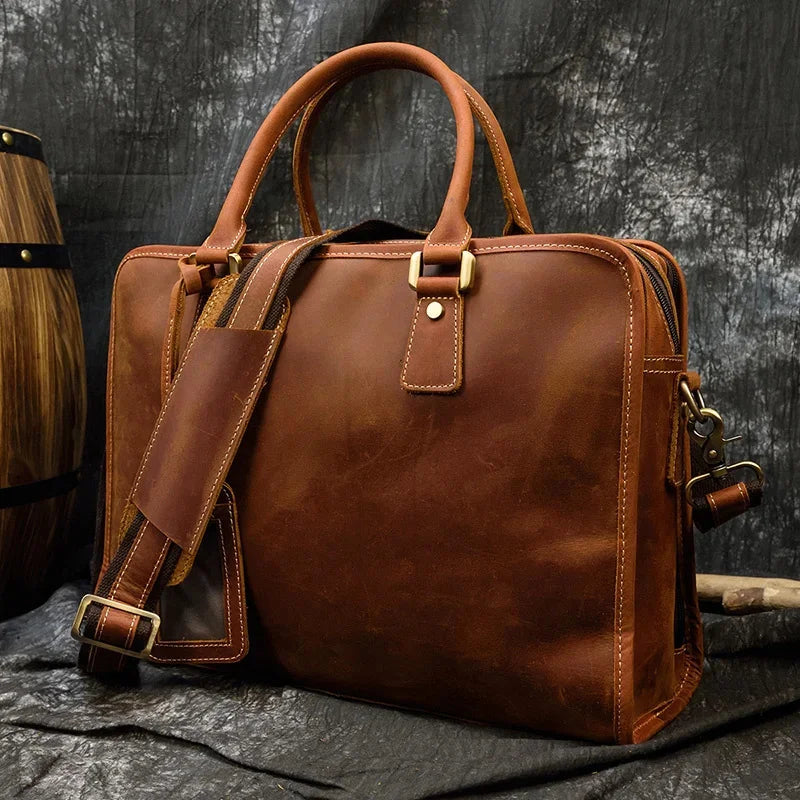Newsbirds 100% leather 15 6 inches retro style briefcase hand for men male business laptop weekender tote bag