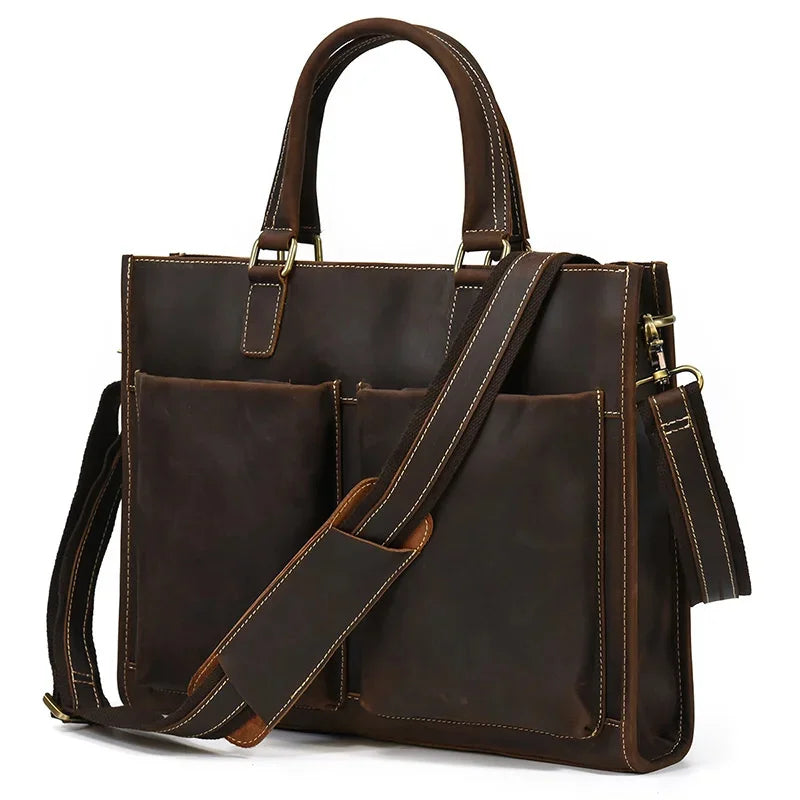 Newsbirds 100% leather 15 6 inches retro style briefcase hand for men male business laptop weekender tote bag