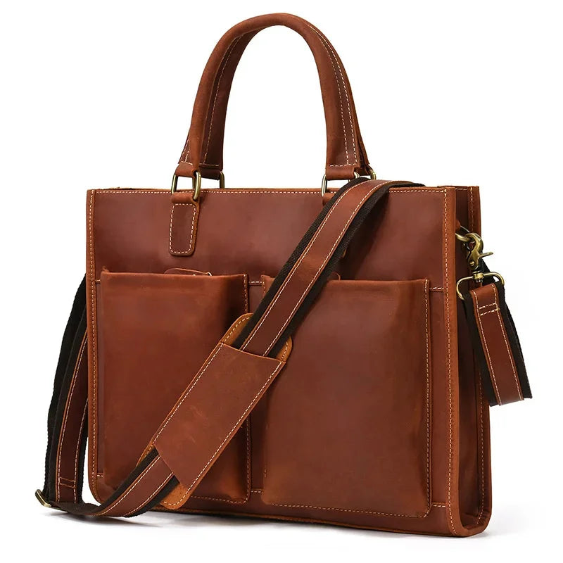 Newsbirds 100% leather 15 6 inches retro style briefcase hand for men male business laptop weekender tote bag