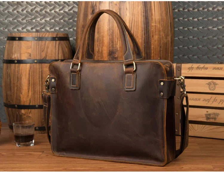 Newsbirds 100% leather 15 6 inches retro style briefcase hand for men male business laptop weekender tote bag