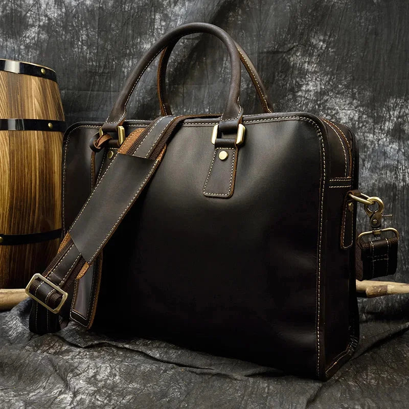 Newsbirds 100% leather 15 6 inches retro style briefcase hand for men male business laptop weekender tote bag