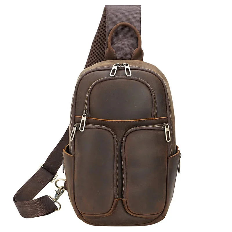 Newsbirds Genuine Crazy Horse Leather Vintage Chest Pack Single Shoulder Crossbody Backpack For Men Male Bag