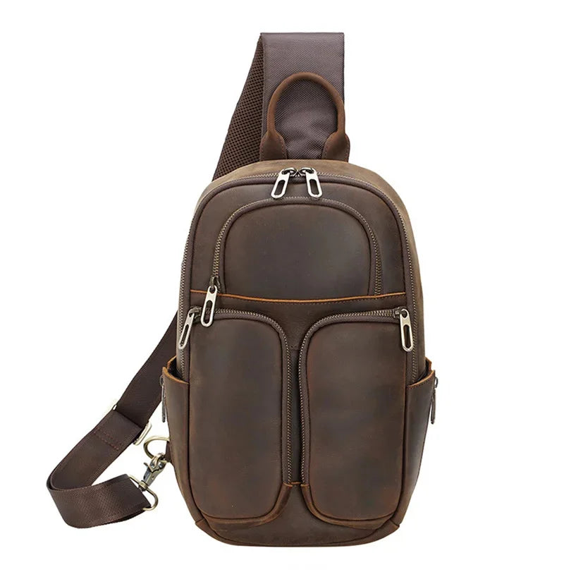 Newsbirds Genuine Crazy Horse Leather Vintage Chest Pack Single Shoulder Crossbody Backpack For Men Male Bag