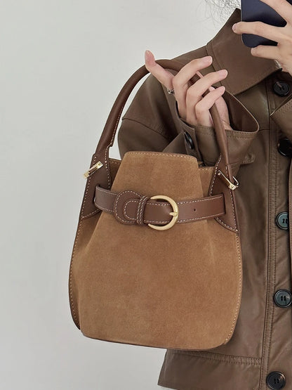 Niche Designer Frosted Cowhide Bucket Bag Women's Retro Ins Style Single Shoulder Crossbody Versatile Handbags Commuter Bolsos
