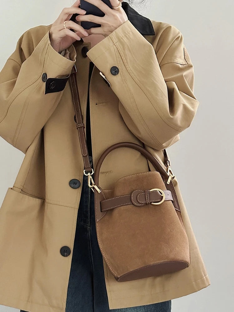 Niche Designer Frosted Cowhide Bucket Bag Women's Retro Ins Style Single Shoulder Crossbody Versatile Handbags Commuter Bolsos