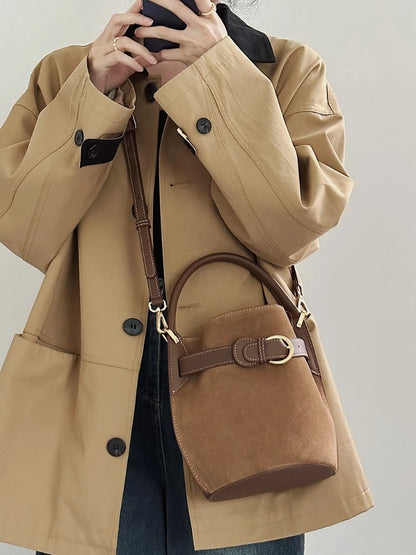 Niche Designer Frosted Cowhide Bucket Bag Women's Retro Ins Style Single Shoulder Crossbody Versatile Handbags Commuter Bolsos