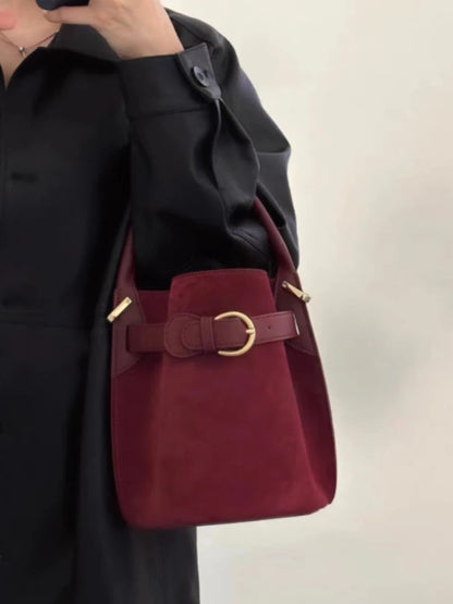 Niche Designer Frosted Cowhide Bucket Bag Women's Retro Ins Style Single Shoulder Crossbody Versatile Handbags Commuter Bolsos