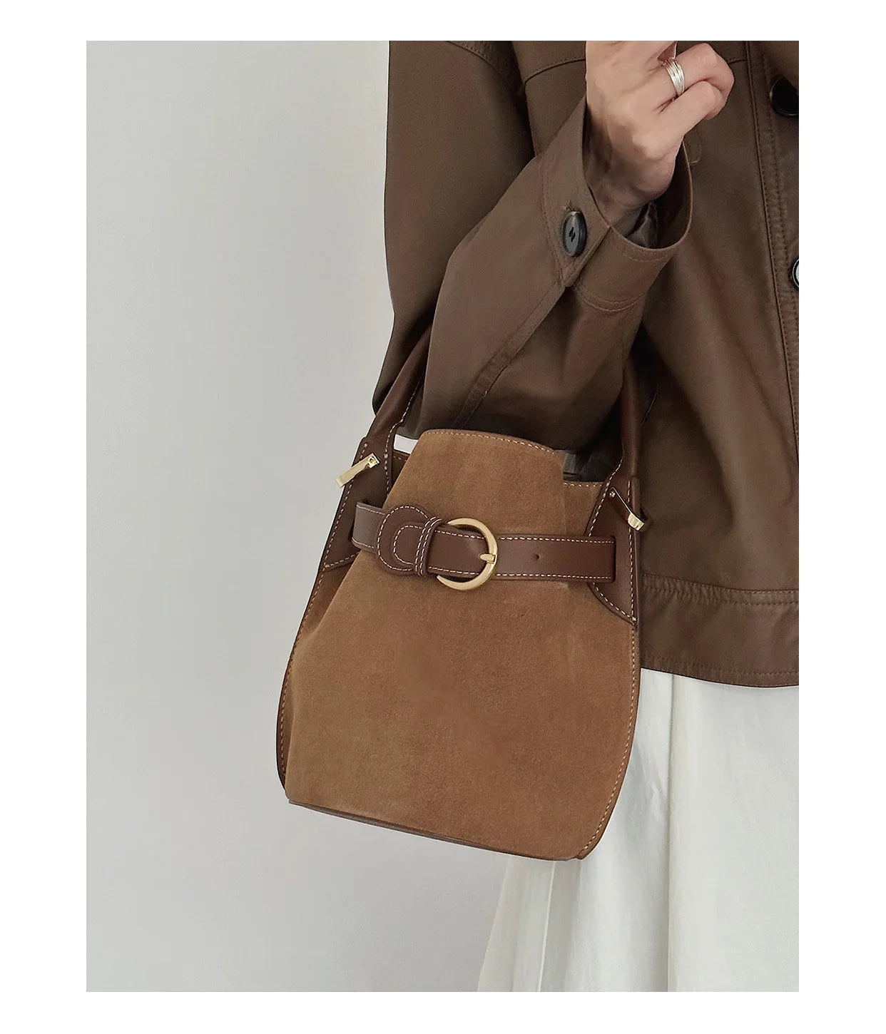 Niche Designer Frosted Cowhide Bucket Bag Women's Retro Ins Style Single Shoulder Crossbody Versatile Handbags Commuter Bolsos