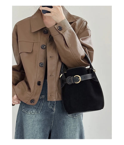 Niche Designer Frosted Cowhide Bucket Bag Women's Retro Ins Style Single Shoulder Crossbody Versatile Handbags Commuter Bolsos