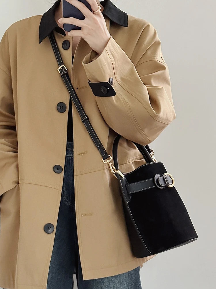 Niche Designer Frosted Cowhide Bucket Bag Women's Retro Ins Style Single Shoulder Crossbody Versatile Handbags Commuter Bolsos