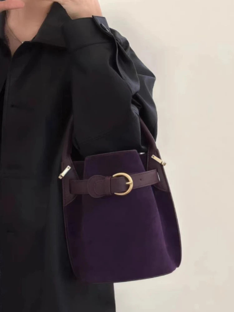 Niche Designer Frosted Cowhide Bucket Bag Women's Retro Ins Style Single Shoulder Crossbody Versatile Handbags Commuter Bolsos