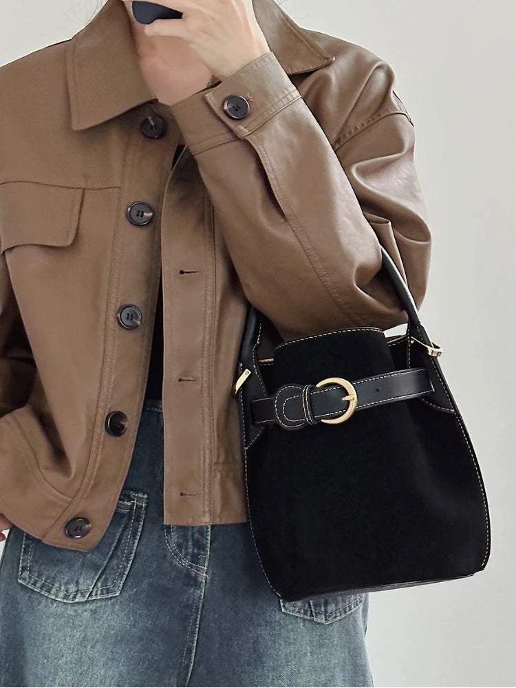 Niche Designer Frosted Cowhide Bucket Bag Women's Retro Ins Style Single Shoulder Crossbody Versatile Handbags Commuter Bolsos