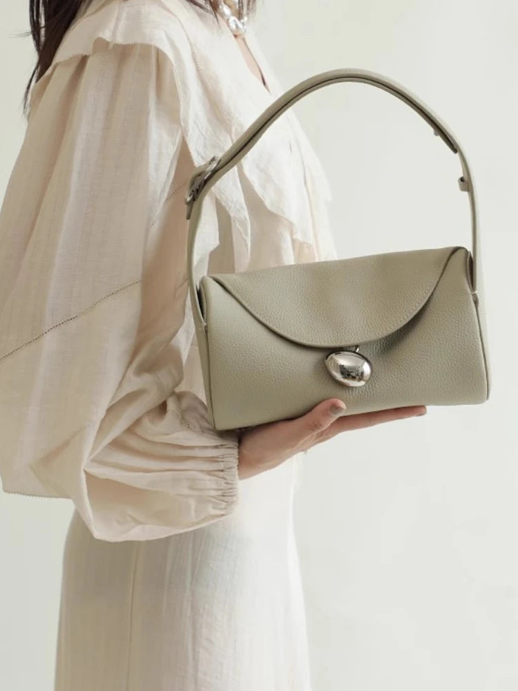 Niche New Cylinder Bag High Fashion Large Capacity Fashion Retro Cowhide Lychee Pattern Handbags Versatile One Shoulder Purses