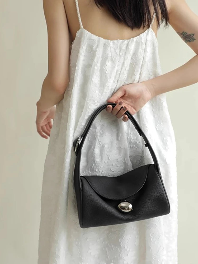 Niche New Cylinder Bag High Fashion Large Capacity Fashion Retro Cowhide Lychee Pattern Handbags Versatile One Shoulder Purses