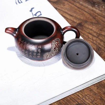 Nixing Pottery Lettering Zen Heart Pot Zisha Teapot Yixing Handmade Pot, Kung-Fu Teaware, Purple Clay Drinkware for Puer Green