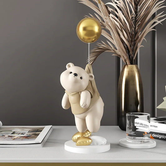 Nordic Bear Sculpture for Home Decor Balloon Flying Resin Bear Figurine Statue Modern Living Room Ornament Table Decoration Gift