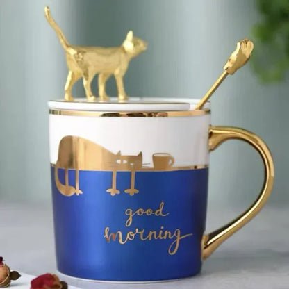 Nordic Ceramic Coffee Mug with Lid and Spoon Porcelain Cute Cartoon Couple Tea Cup Modern Minimalist Home Breakfast Milk Mug