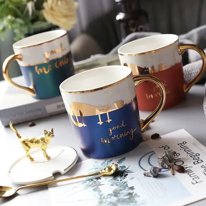 Nordic Ceramic Coffee Mug with Lid and Spoon Porcelain Cute Cartoon Couple Tea Cup Modern Minimalist Home Breakfast Milk Mug