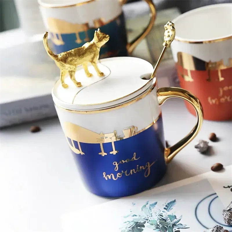 Nordic Ceramic Coffee Mug with Lid and Spoon Porcelain Cute Cartoon Couple Tea Cup Modern Minimalist Home Breakfast Milk Mug