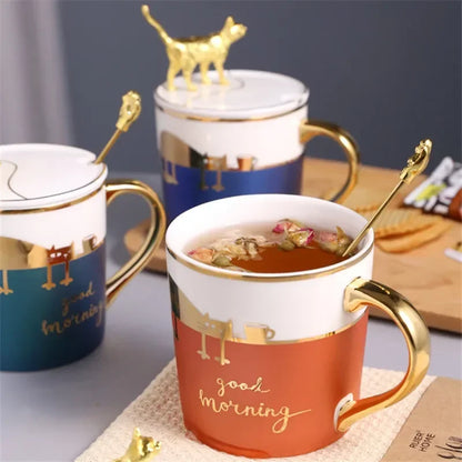 Nordic Ceramic Coffee Mug with Lid and Spoon Porcelain Cute Cartoon Couple Tea Cup Modern Minimalist Home Breakfast Milk Mug