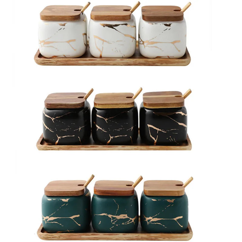 Nordic Ceramic Seasoning Jar Set Spice Pot Sugar Salt Pepper Container With Bamboo Lid Spoon Kitchen Seasoning Rack 360ml 1set