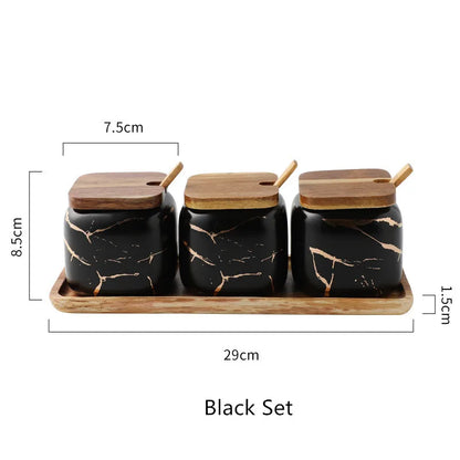 Nordic Ceramic Seasoning Jar Set Spice Pot Sugar Salt Pepper Container With Bamboo Lid Spoon Kitchen Seasoning Rack 360ml 1set