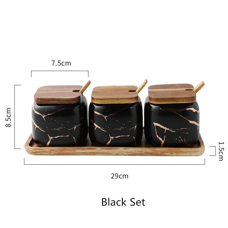 Nordic Ceramic Seasoning Jar Set Spice Pot Sugar Salt Pepper Container With Bamboo Lid Spoon Kitchen Seasoning Rack 360ml 1set