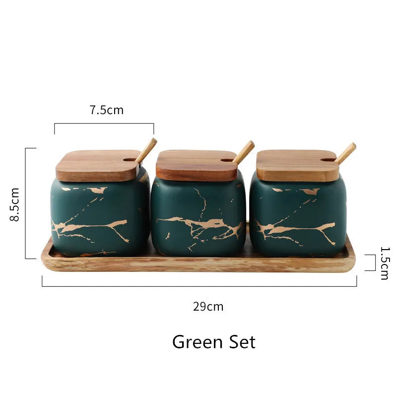 Nordic Ceramic Seasoning Jar Set Spice Pot Sugar Salt Pepper Container With Bamboo Lid Spoon Kitchen Seasoning Rack 360ml 1set