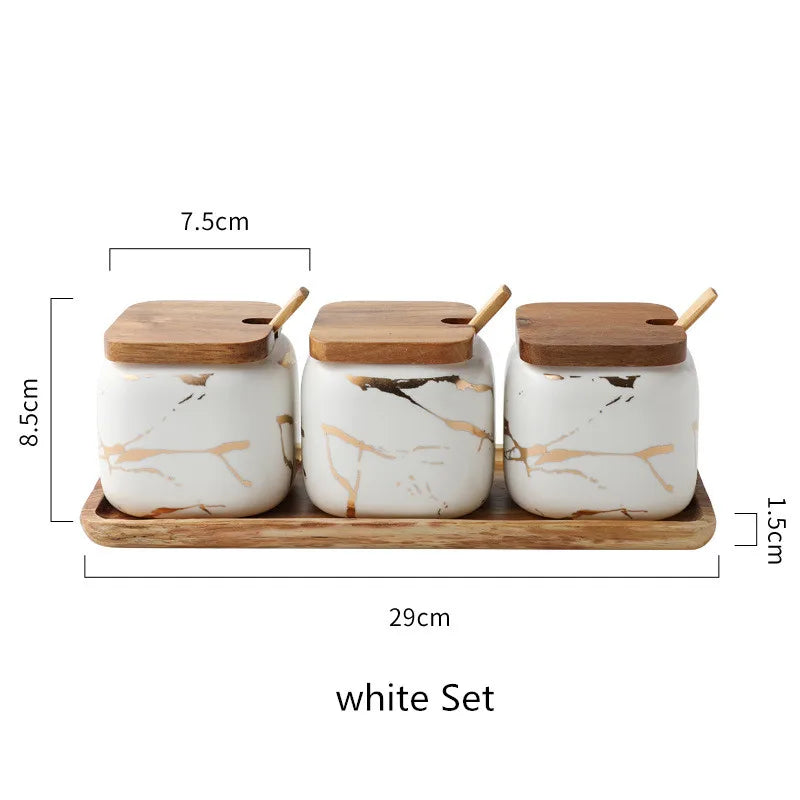 Nordic Ceramic Seasoning Jar Set Spice Pot Sugar Salt Pepper Container With Bamboo Lid Spoon Kitchen Seasoning Rack 360ml 1set