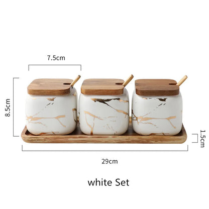 Nordic Ceramic Seasoning Jar Set Spice Pot Sugar Salt Pepper Container With Bamboo Lid Spoon Kitchen Seasoning Rack 360ml 1set