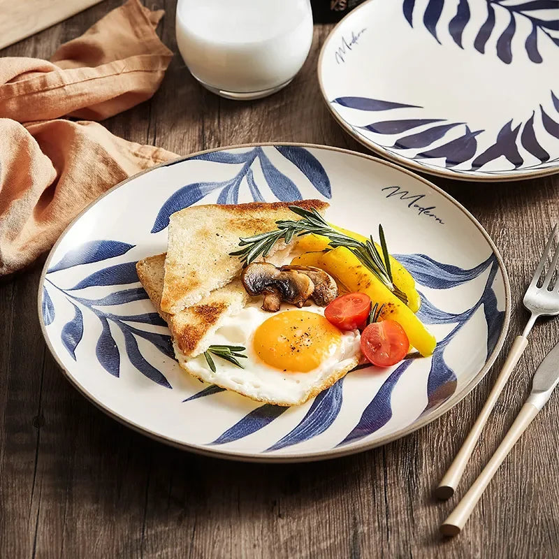 Nordic Ins Wind Blue Leaf Western Food Plate Underglaze Ceramic Tableware Dessert Plate Home Steak Plate Dinner Plates