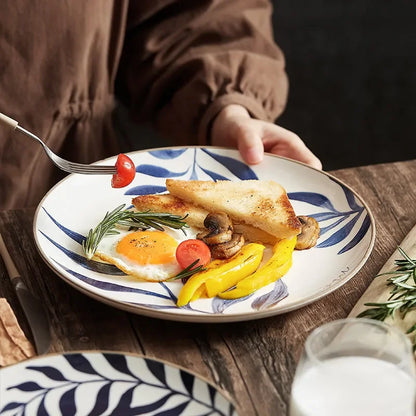 Nordic Ins Wind Blue Leaf Western Food Plate Underglaze Ceramic Tableware Dessert Plate Home Steak Plate Dinner Plates