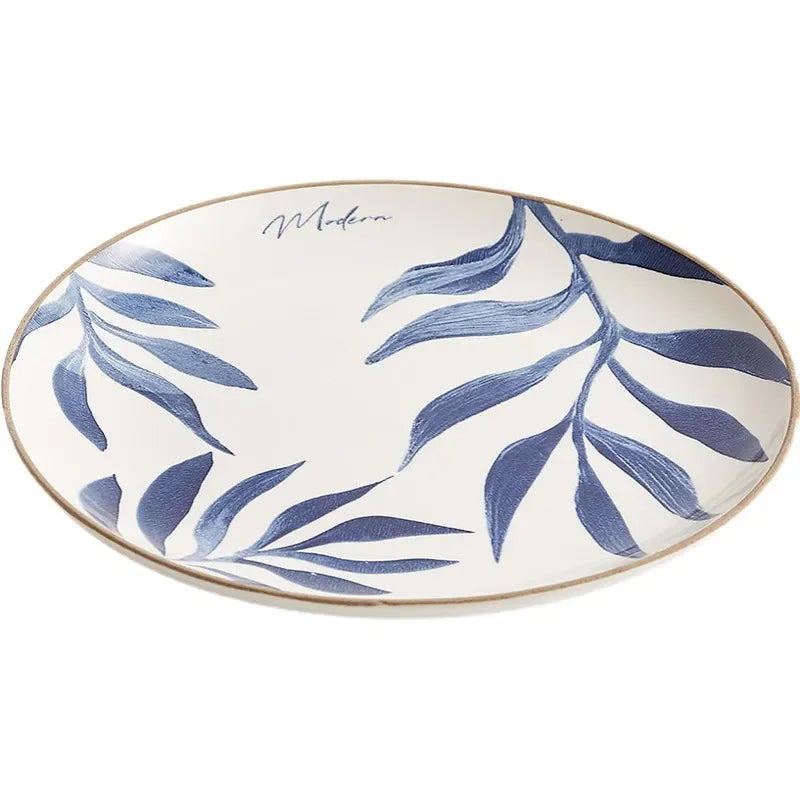 Nordic Ins Wind Blue Leaf Western Food Plate Underglaze Ceramic Tableware Dessert Plate Home Steak Plate Dinner Plates