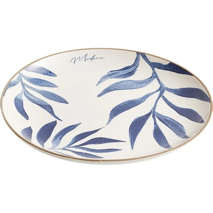Nordic Ins Wind Blue Leaf Western Food Plate Underglaze Ceramic Tableware Dessert Plate Home Steak Plate Dinner Plates