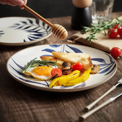 Nordic Ins Wind Blue Leaf Western Food Plate Underglaze Ceramic Tableware Dessert Plate Home Steak Plate Dinner Plates