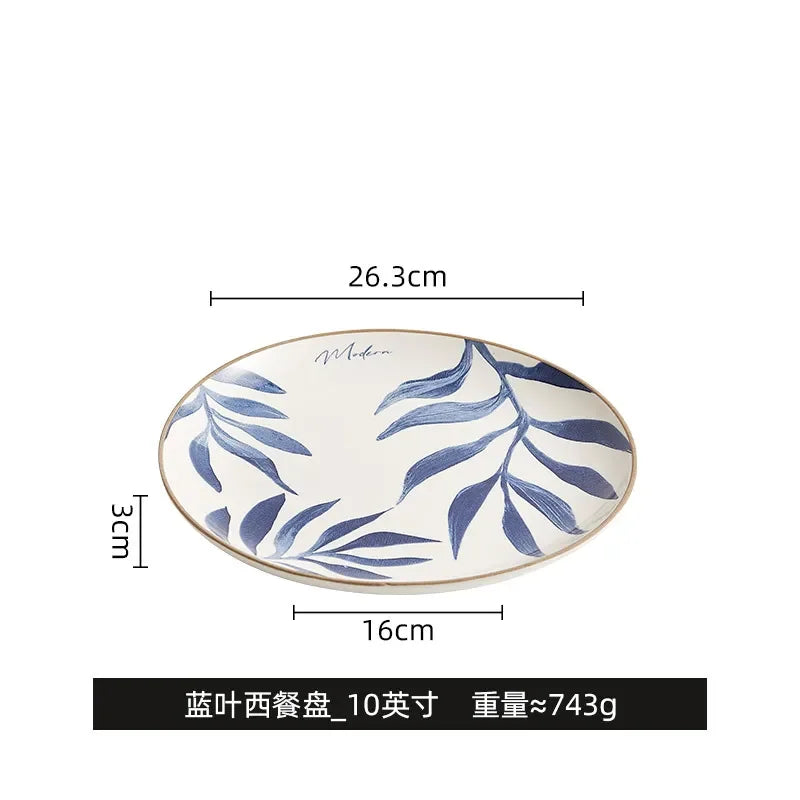Nordic Ins Wind Blue Leaf Western Food Plate Underglaze Ceramic Tableware Dessert Plate Home Steak Plate Dinner Plates
