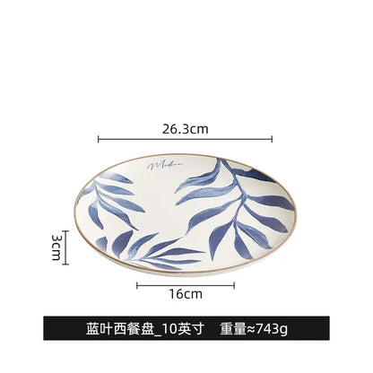Nordic Ins Wind Blue Leaf Western Food Plate Underglaze Ceramic Tableware Dessert Plate Home Steak Plate Dinner Plates