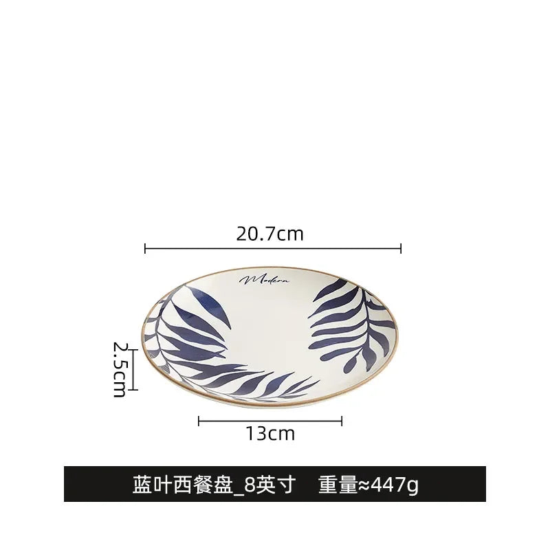 Nordic Ins Wind Blue Leaf Western Food Plate Underglaze Ceramic Tableware Dessert Plate Home Steak Plate Dinner Plates