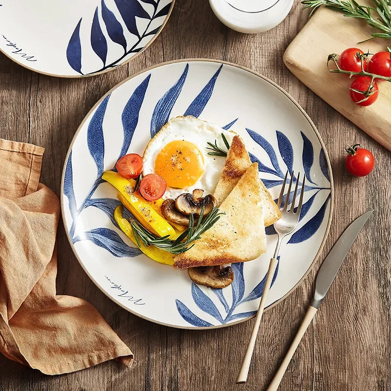 Nordic Ins Wind Blue Leaf Western Food Plate Underglaze Ceramic Tableware Dessert Plate Home Steak Plate Dinner Plates