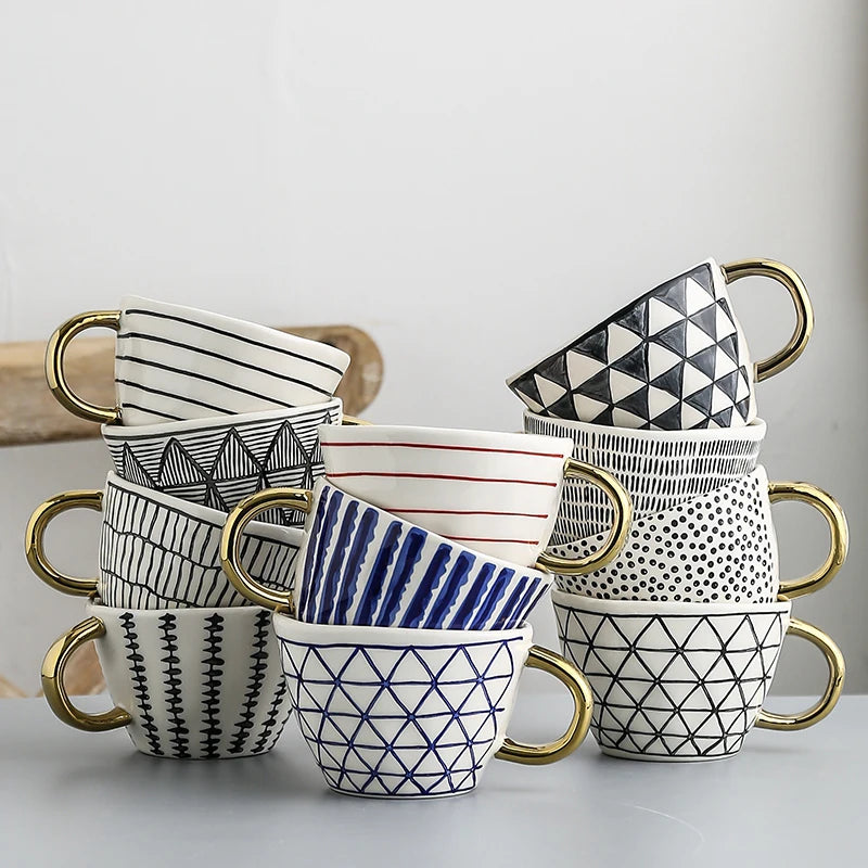 Nordic Luxury Mug Wide mouth with Gold Handle Hand Painted Geometric Ceramic Handmade Irregular Cups Milk Tea Oatmeal Coffee Mug
