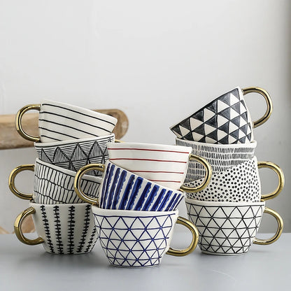 Nordic Luxury Mug Wide mouth with Gold Handle Hand Painted Geometric Ceramic Handmade Irregular Cups Milk Tea Oatmeal Coffee Mug