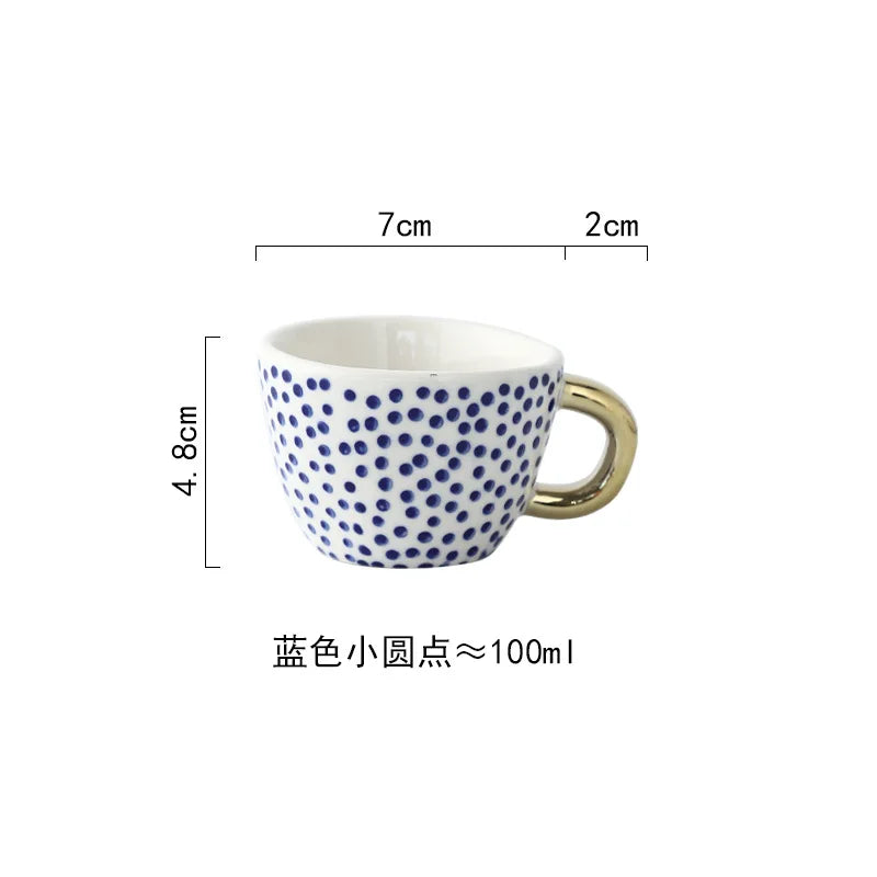 Nordic Luxury Mug Wide mouth with Gold Handle Hand Painted Geometric Ceramic Handmade Irregular Cups Milk Tea Oatmeal Coffee Mug