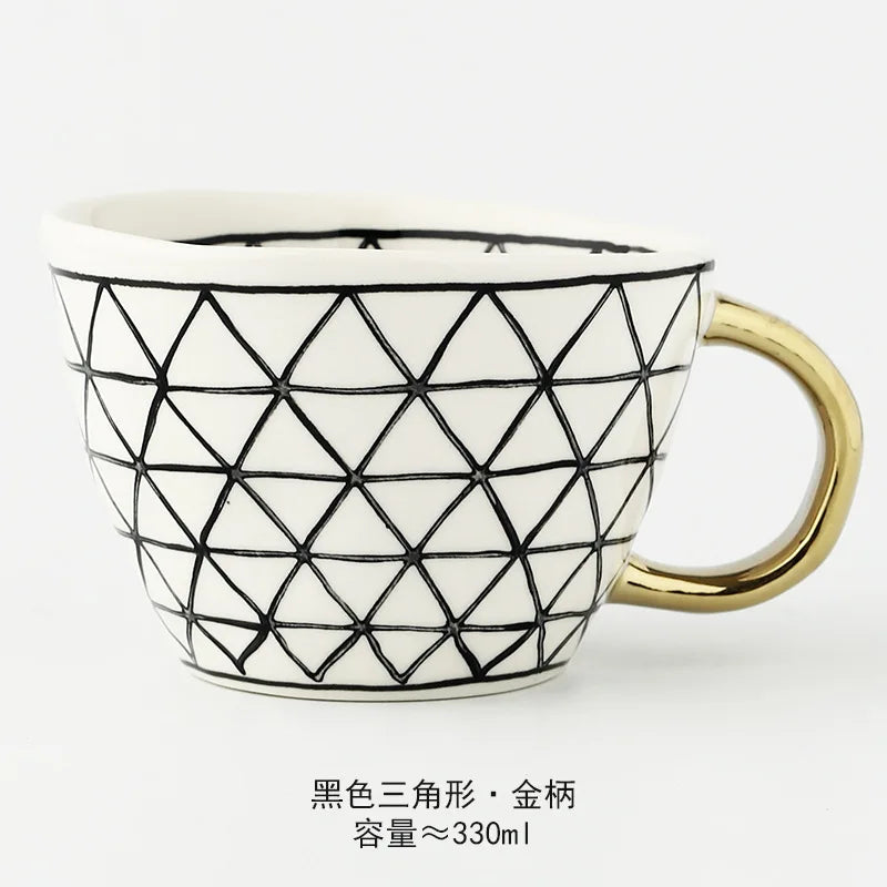 Nordic Luxury Mug Wide mouth with Gold Handle Hand Painted Geometric Ceramic Handmade Irregular Cups Milk Tea Oatmeal Coffee Mug