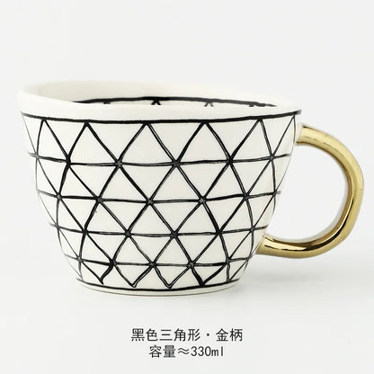 Nordic Luxury Mug Wide mouth with Gold Handle Hand Painted Geometric Ceramic Handmade Irregular Cups Milk Tea Oatmeal Coffee Mug