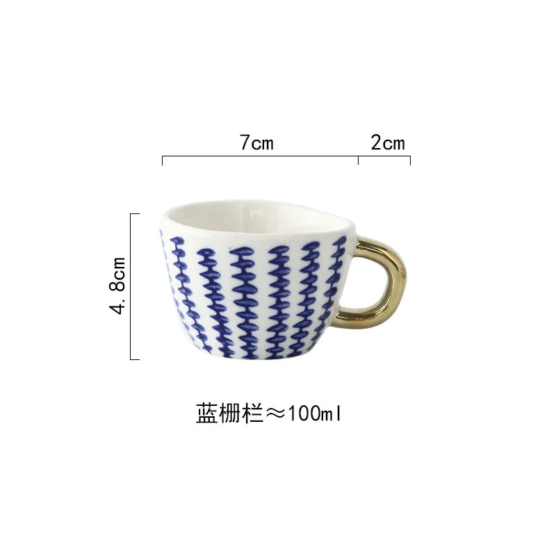 Nordic Luxury Mug Wide mouth with Gold Handle Hand Painted Geometric Ceramic Handmade Irregular Cups Milk Tea Oatmeal Coffee Mug